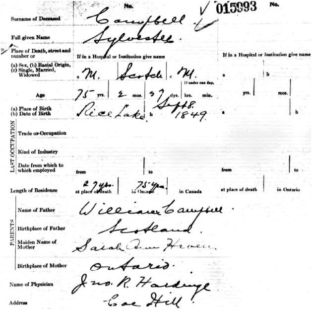 Death Registration for Sylvester Campbell