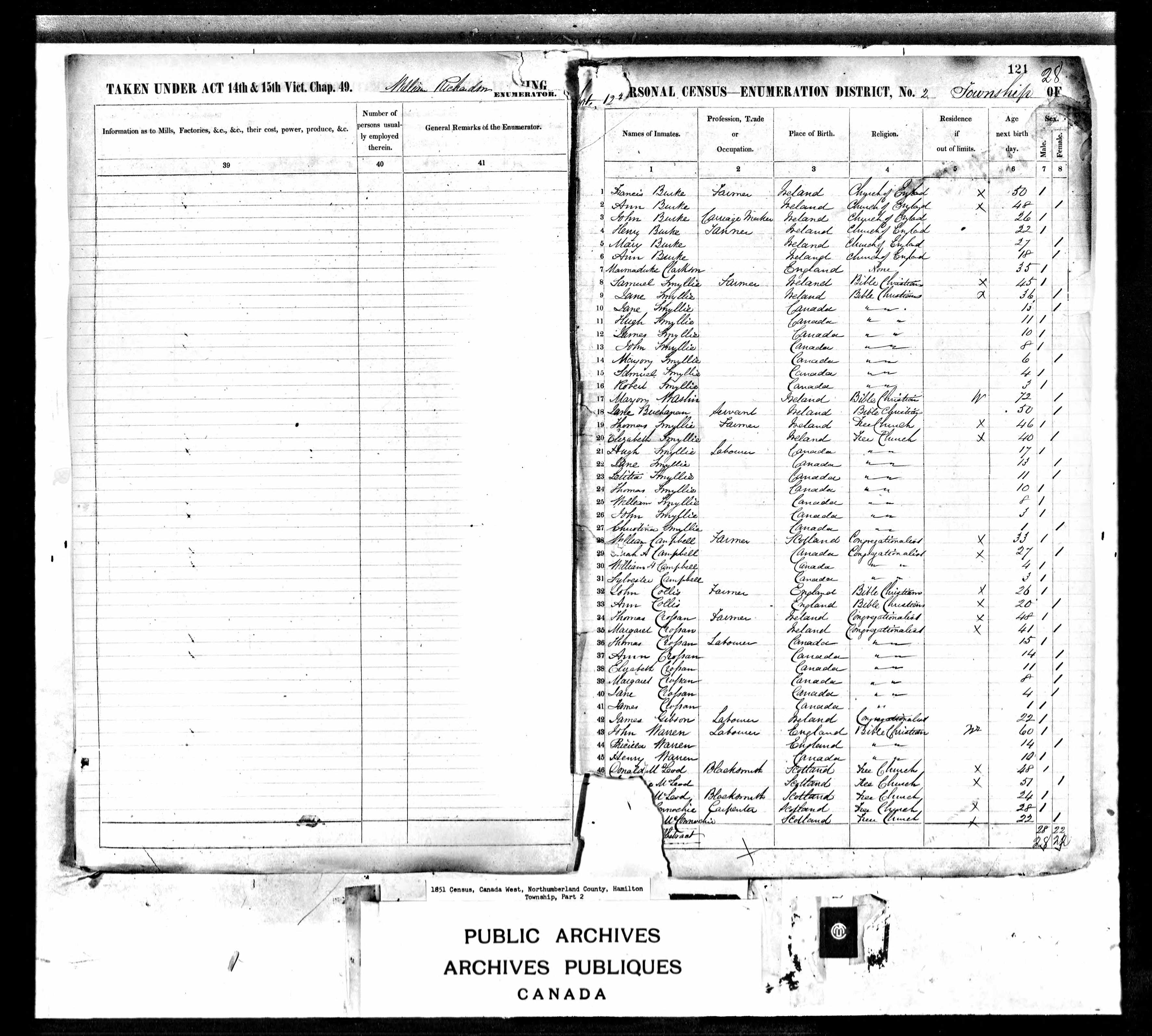 William Campbell in the Canadian Census of 1851